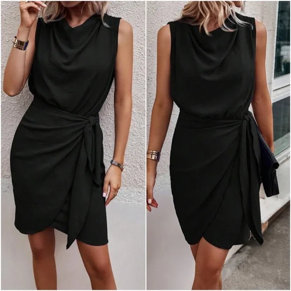 Luxe Sleeveless Drape Neck Mini Dress - Picture 2 of 6